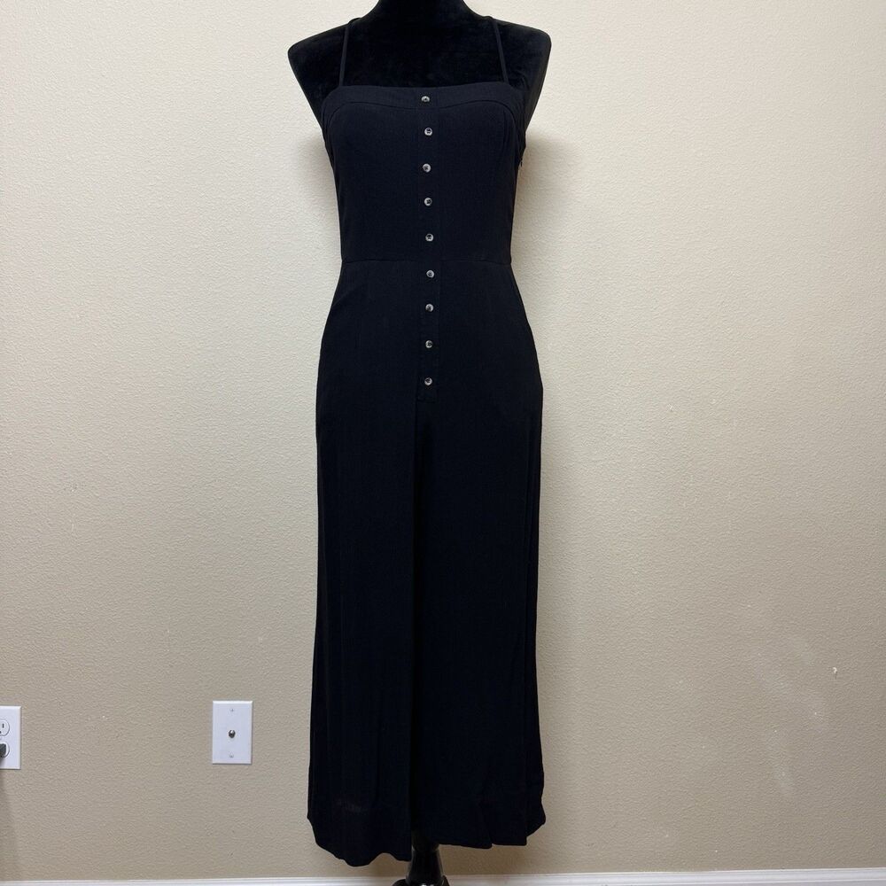 Silence + Noise Jumpsuit women 2 button detail smocked halter wide leg black